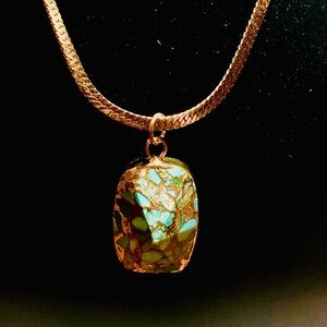 Gold Chain Necklace with Turquoise Mosaic Pendant - Women Jewelry